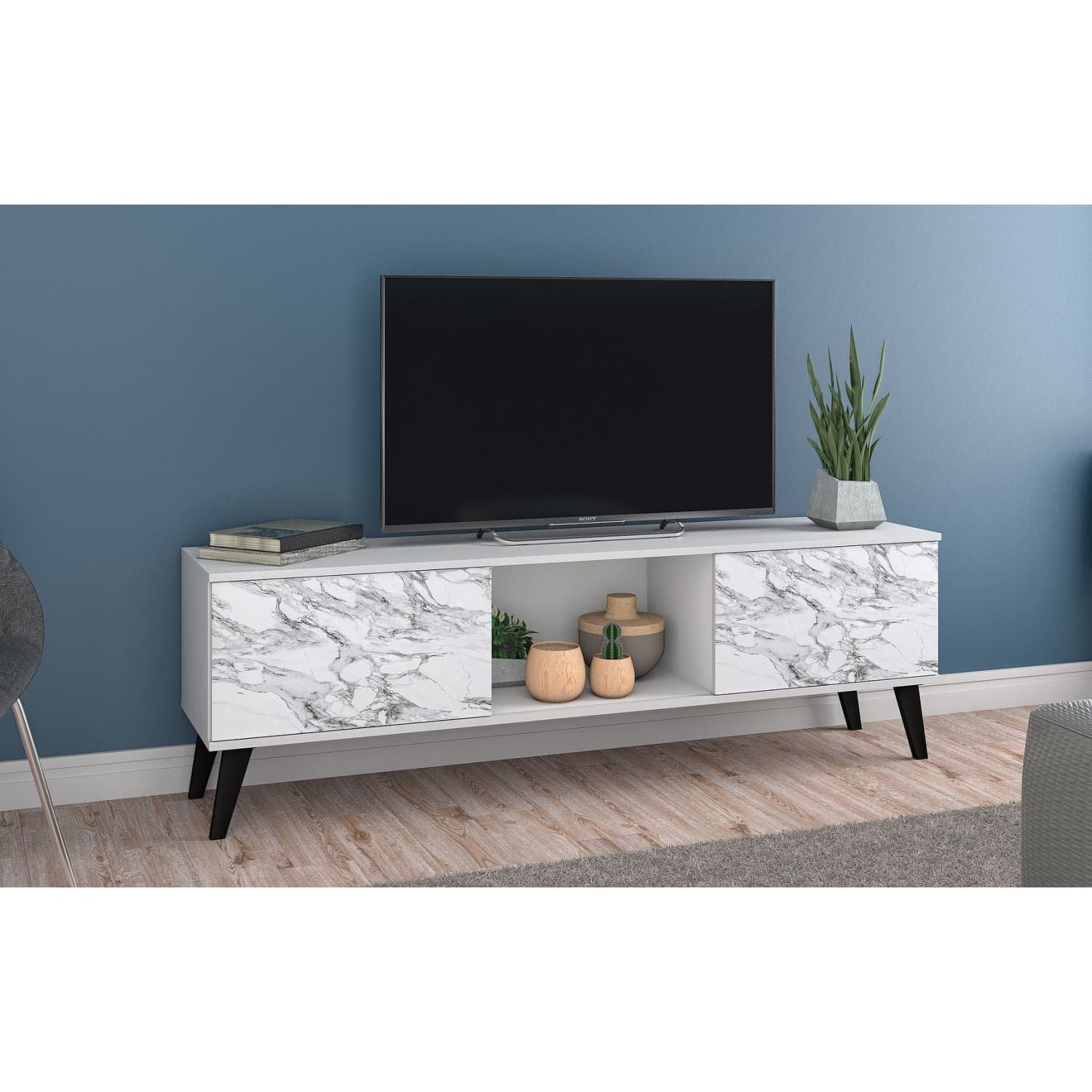 Mid-Century TV Stand, White, Marble Top
