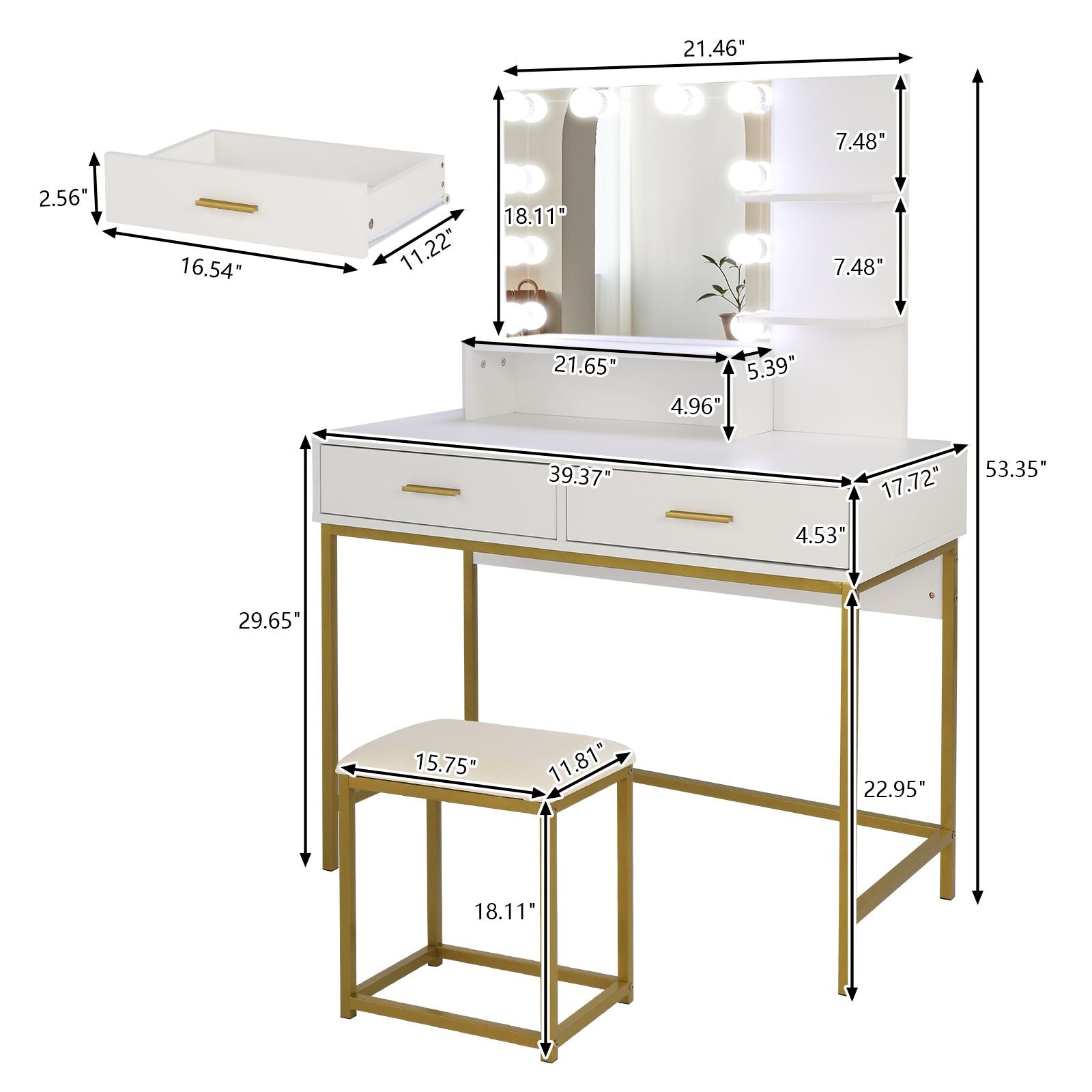 FCH Vanity Table, LED Mirror, 2 Drawers, Stool (view 8)