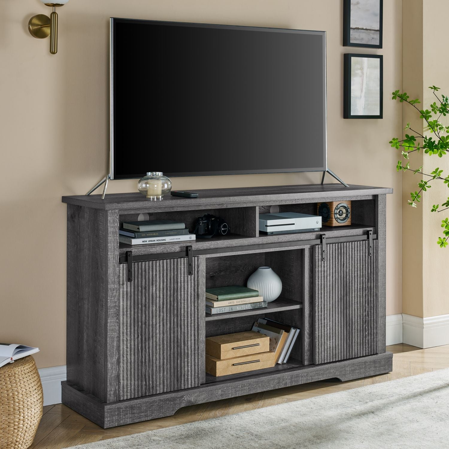 65" TV Mid-Century TV Stand, Gray, 57.9" Wide (view 3)
