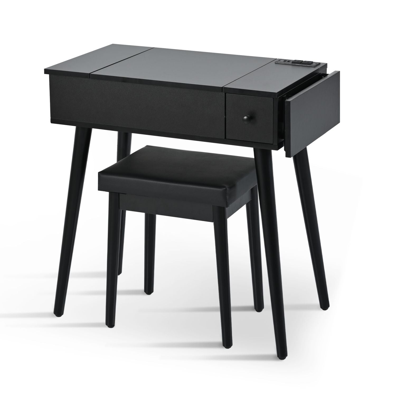 Mid-Century Vanity with LED Mirror, Black, 2 Drawers, Flip-Top (view 15)