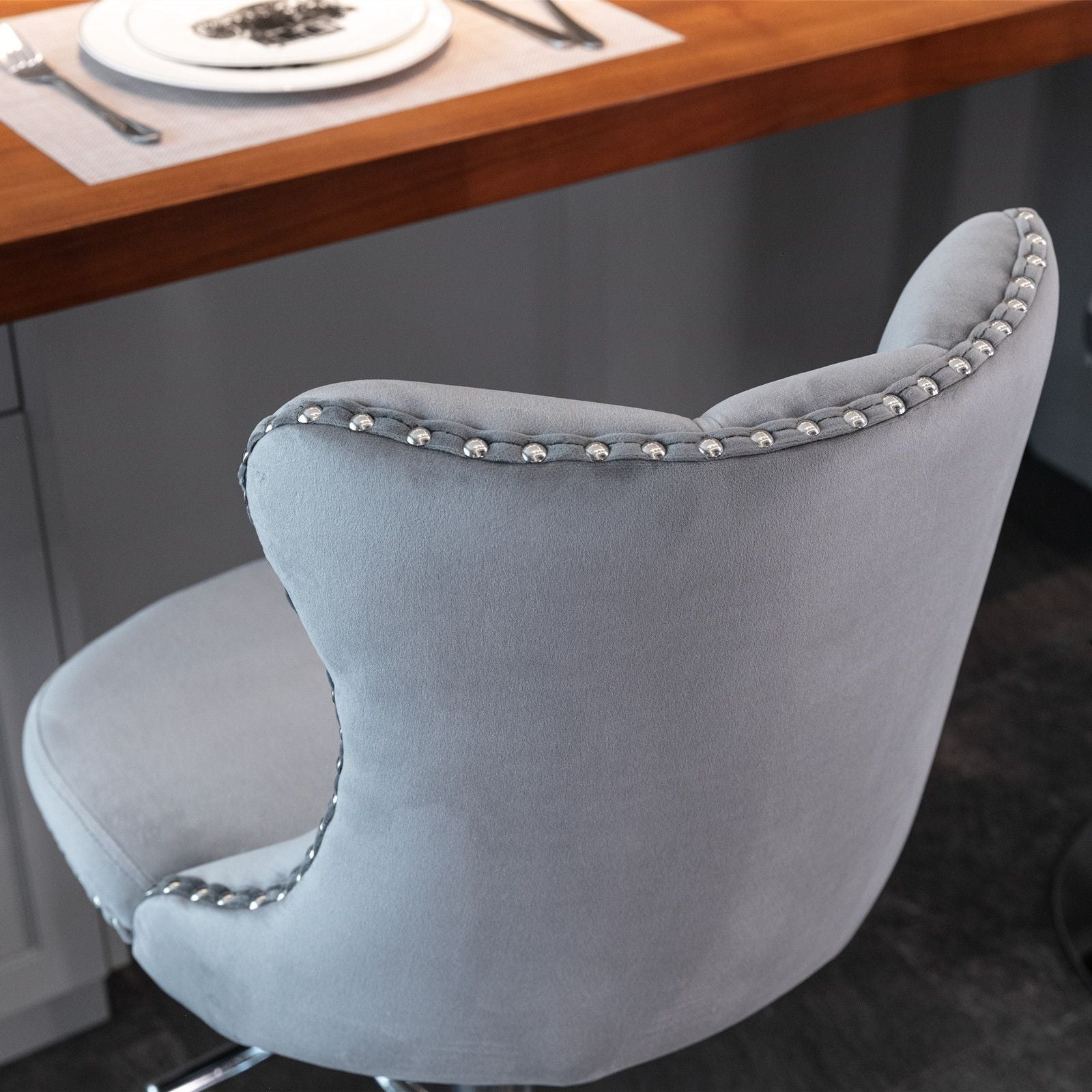 Gray Velvet Swivel Bar Stools, Chrome Base, Set of 2 - Gray (view 7)