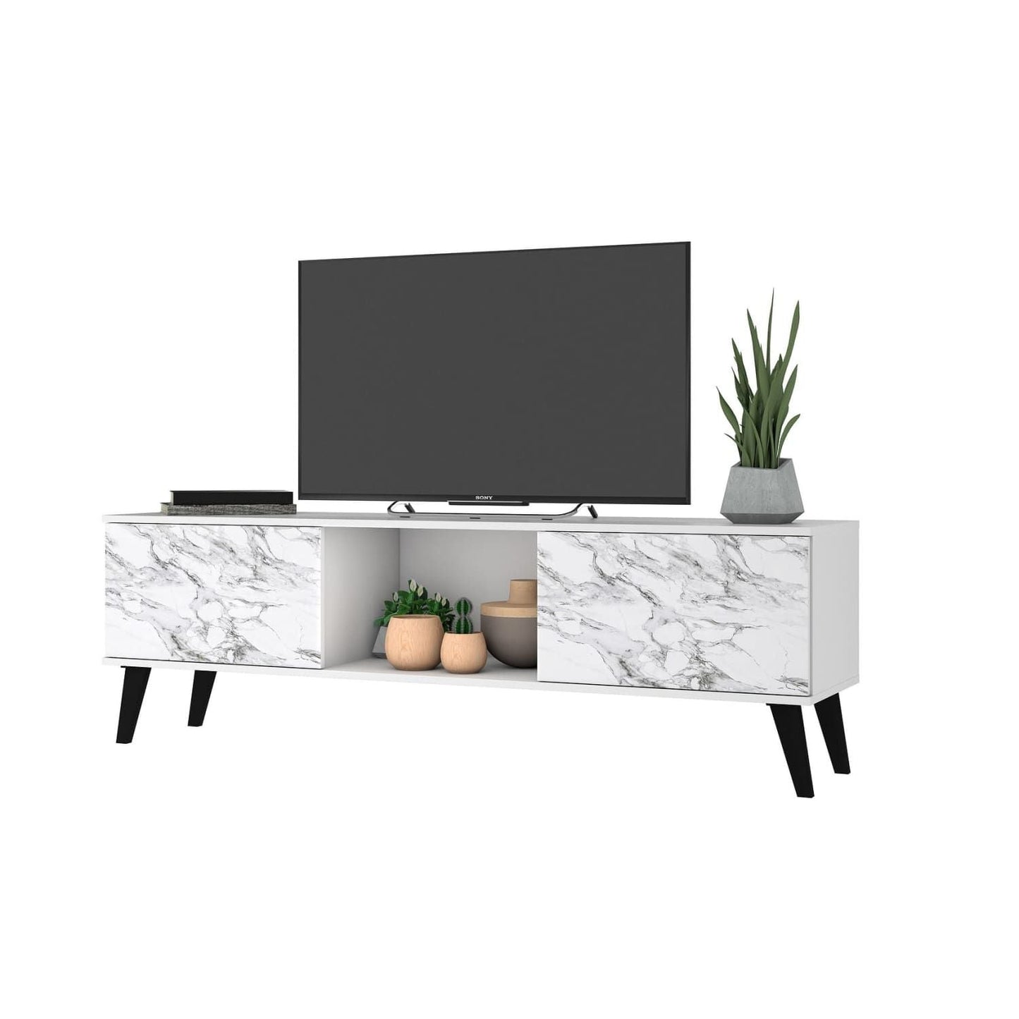 Mid-Century TV Stand, White, Marble Top (view 10)