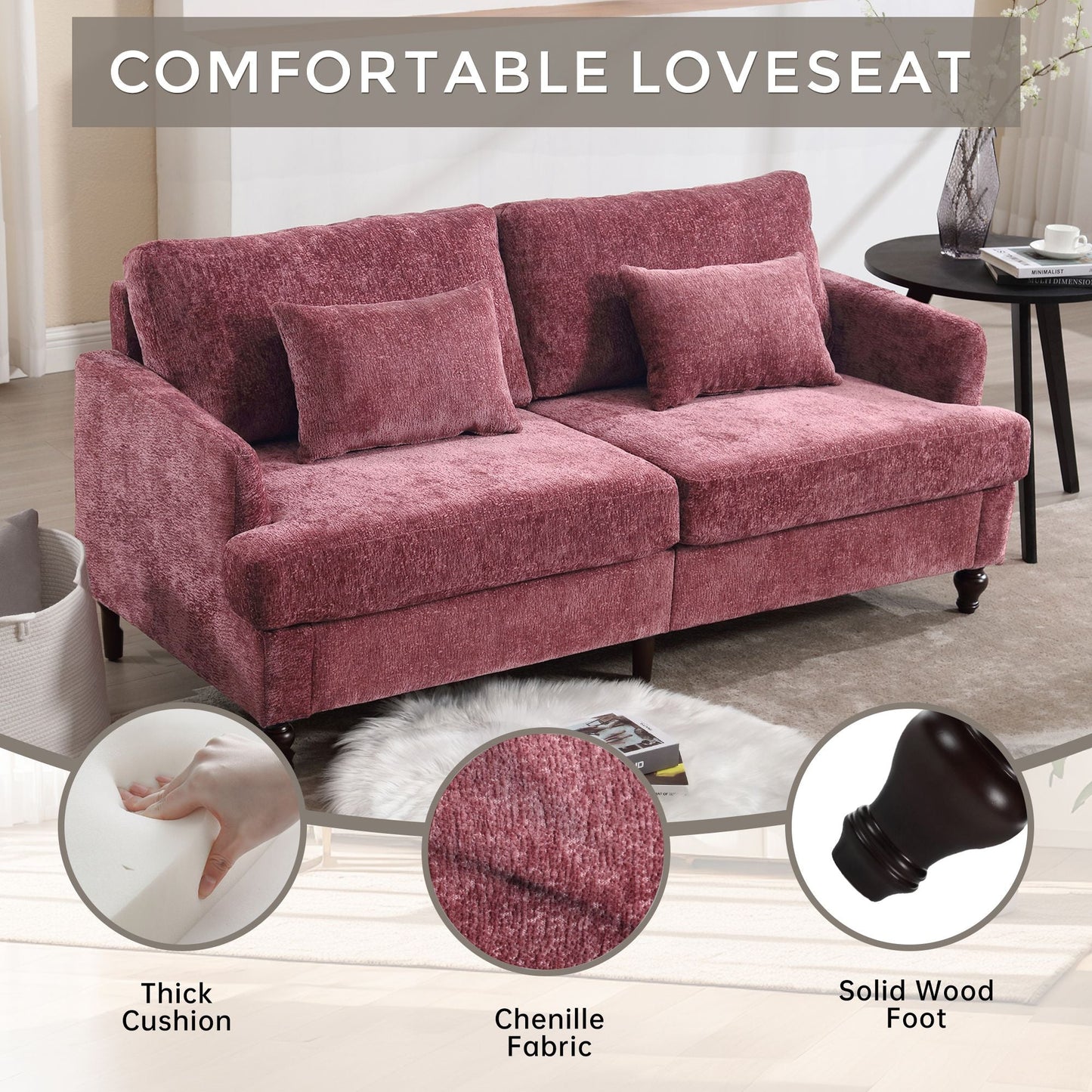 Chenille 2-Seat Mid-Century Sofa, Brown, 68.9" Wide (view 2)
