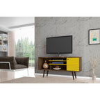Manhattan Comfort Liberty 53.14" Mid-Century Modern TV Stand with 5 Shelves and 1 Door in Rustic Brown and Yellow with Solid Wood Legs
