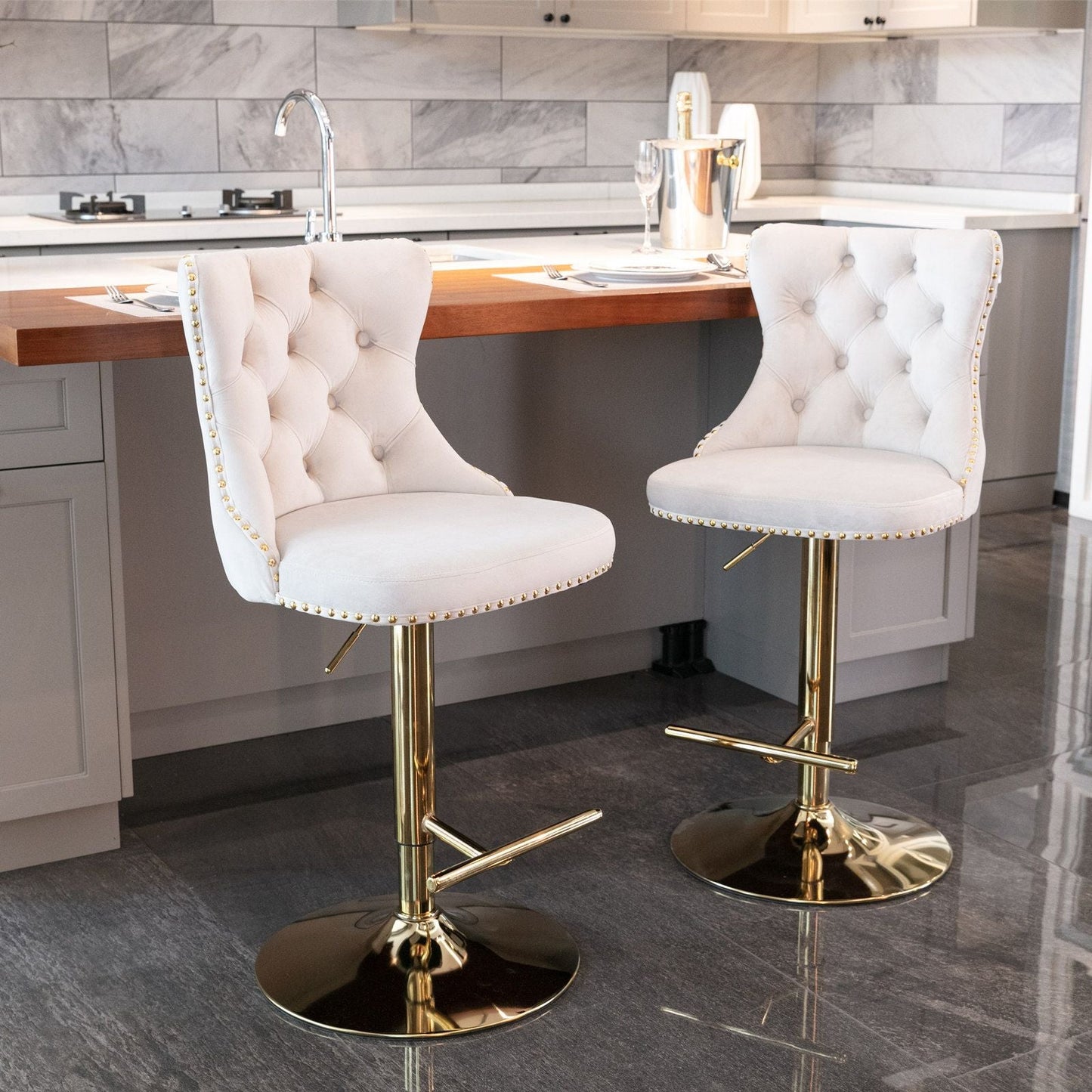Gold Velvet Swivel Bar Stools, Tufted, Adjustable (view 15)