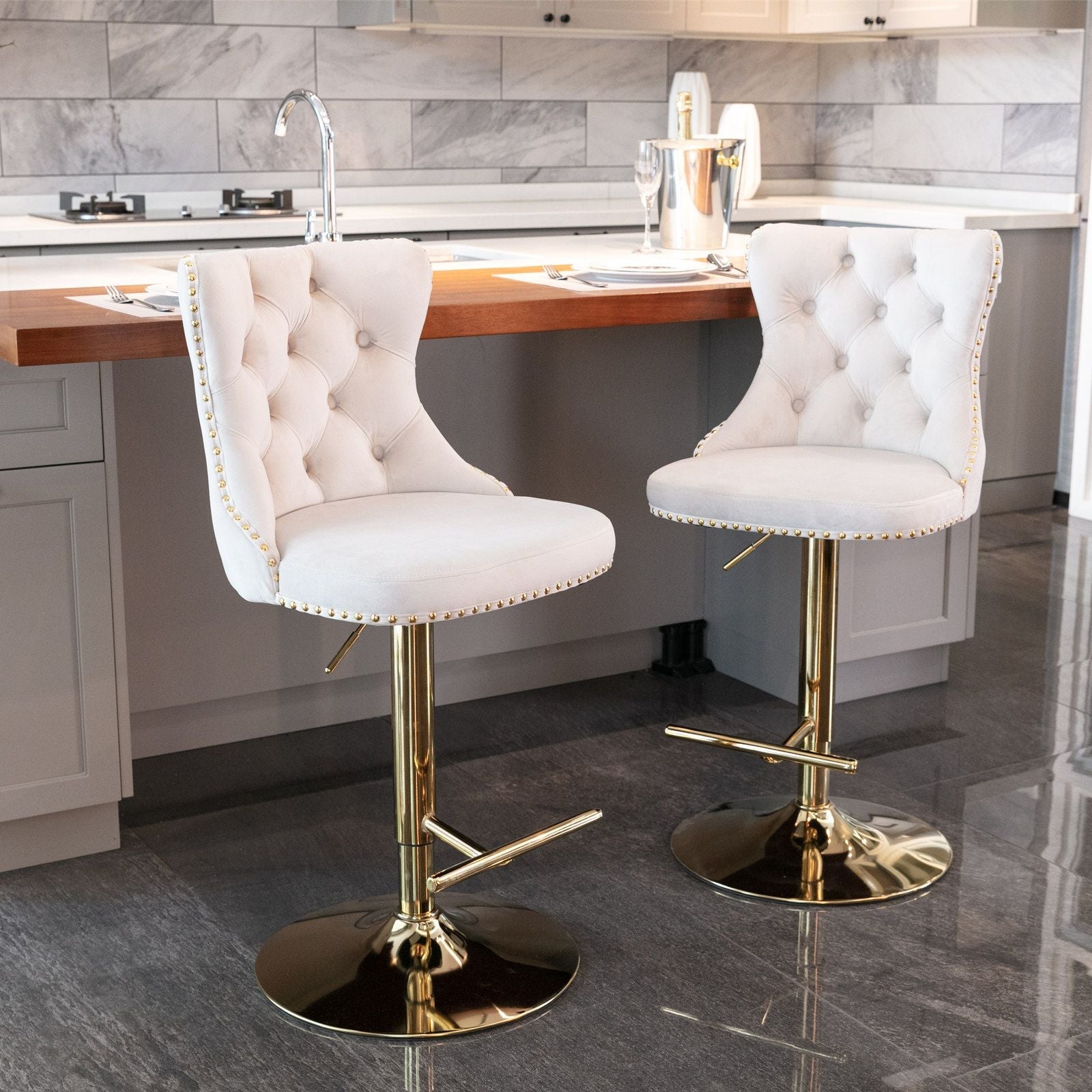 Gold Velvet Swivel Bar Stools, Tufted, Adjustable (view 15)