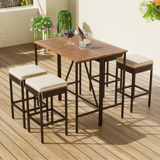 Rattan Mid-Century Dining Set, Acacia Wood