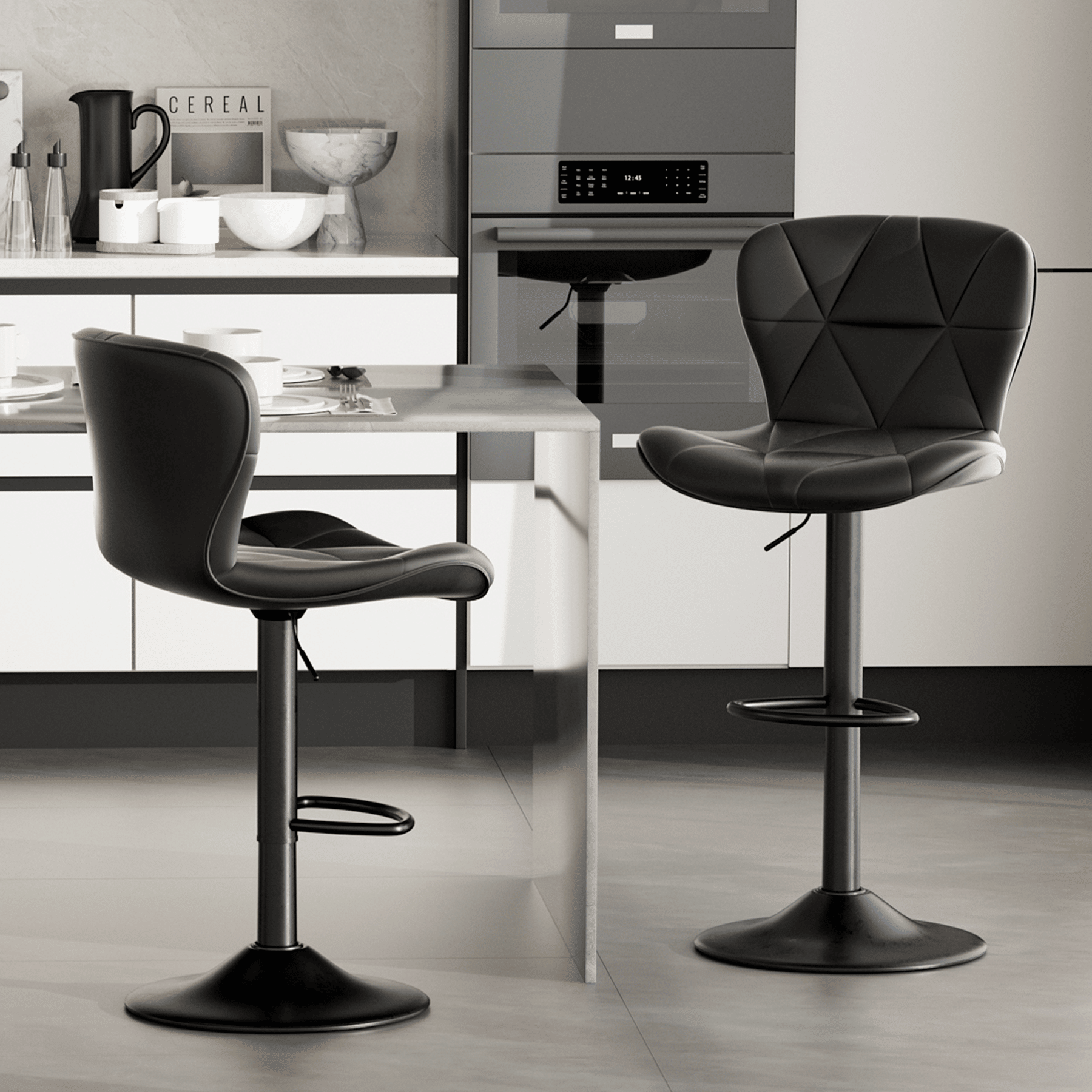 Faux Leather Swivel Bar Stools, Set of 2, Black