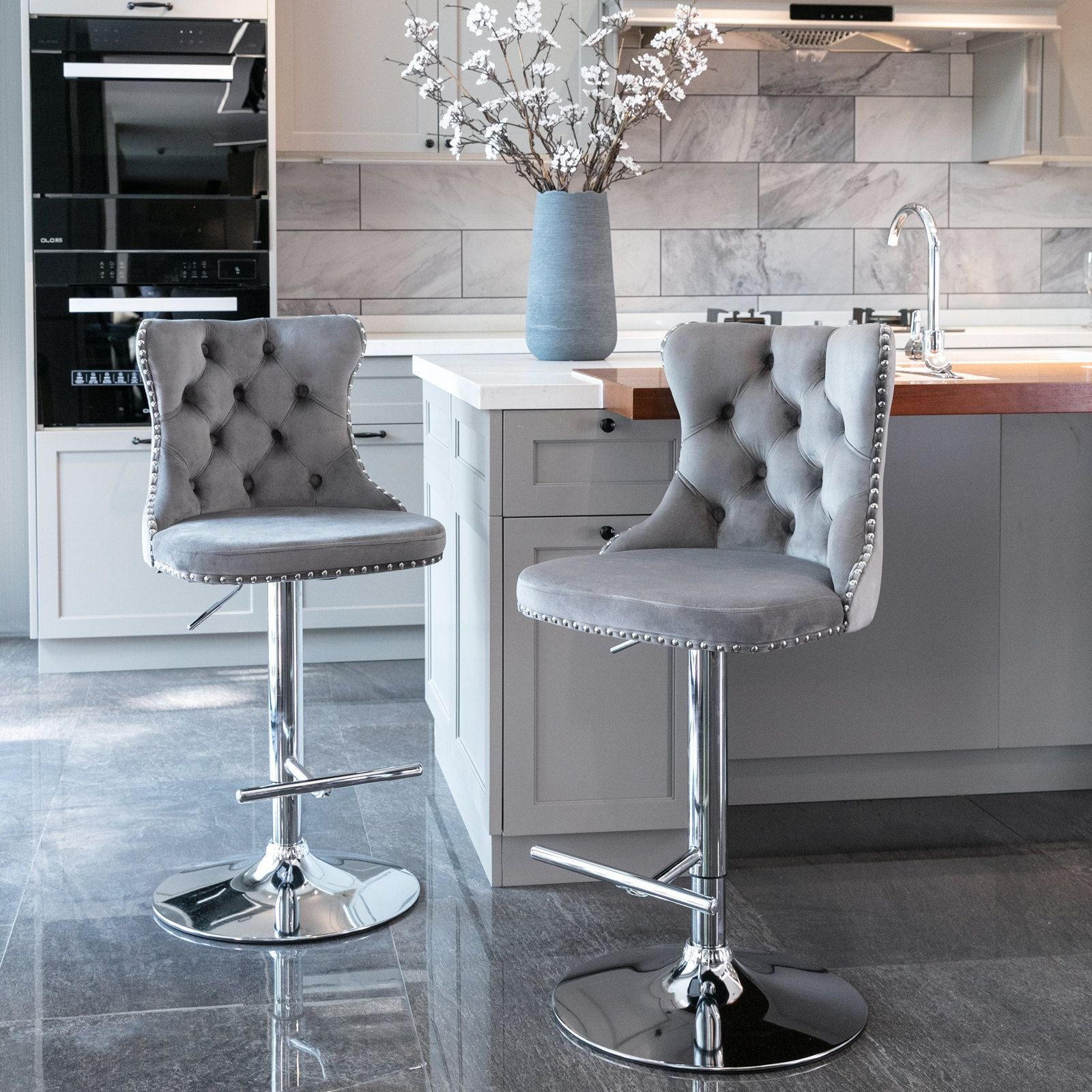 Gray Velvet Swivel Bar Stools – Chrome Base, Set of 2