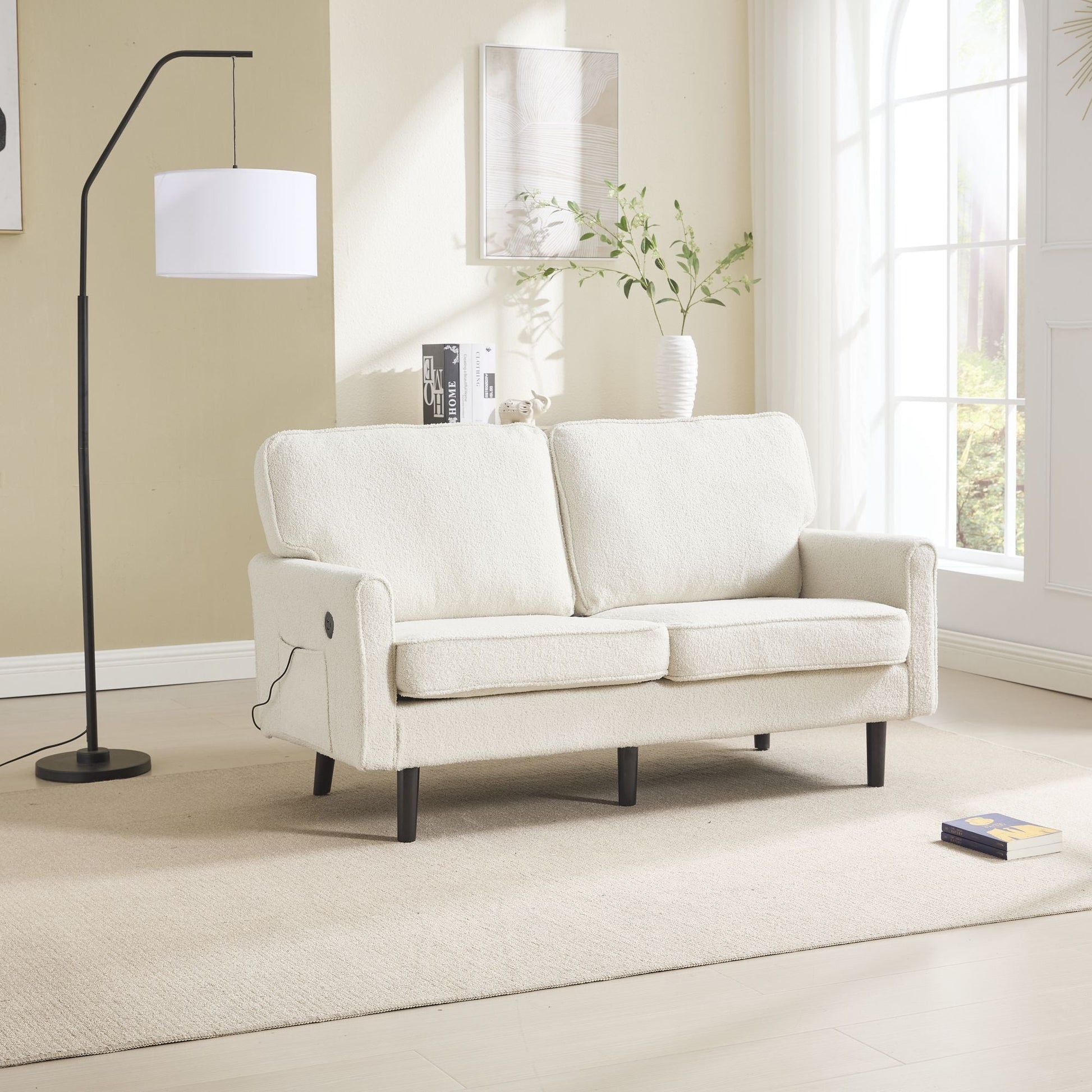 Solid Wood 3-Seat Mid-Century Sofa, Beige, Compact