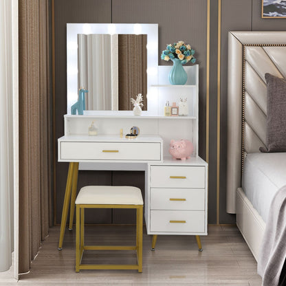 Wood & Metal Mid-Century Vanity with LED Mirror, White, 4 Drawers, 36" Wide (view 15)