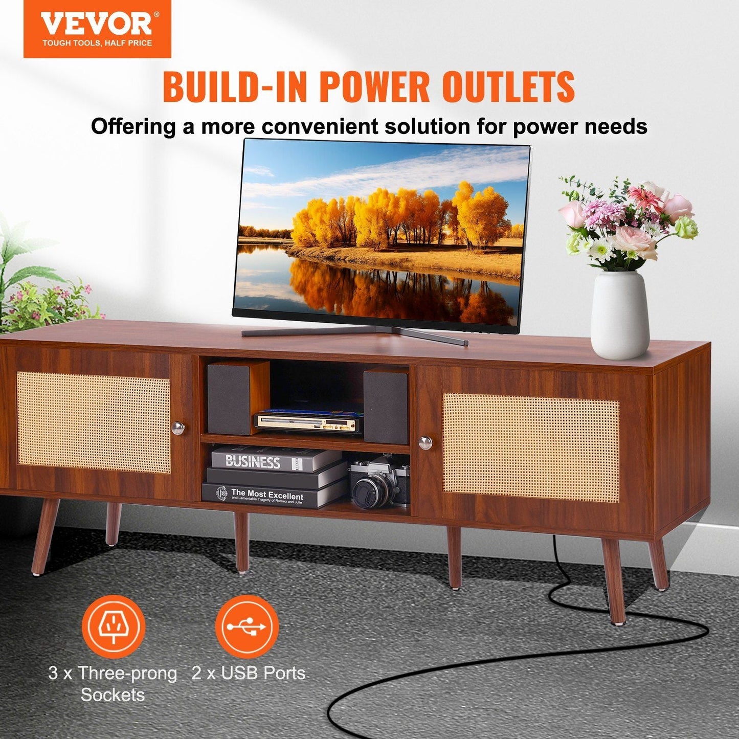 65" TV Mid-Century TV Stand, Walnut, 60" Wide (view 2)