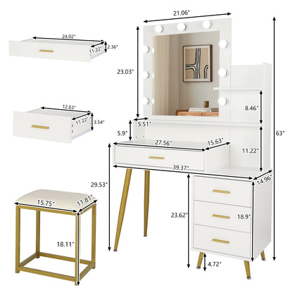 Wood & Metal Mid-Century Vanity with LED Mirror, White, 4 Drawers, 36" Wide (view 13)