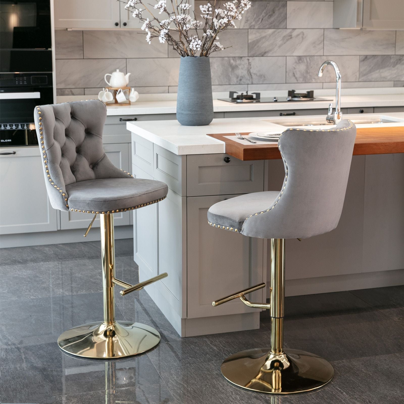 Gold Velvet Swivel Bar Stools, Tufted, Adjustable (view 35)