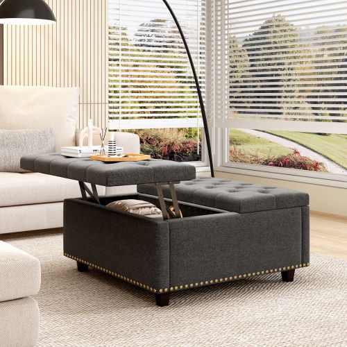 Massive square storage bench, footstool with two storage doors, mid-century modern coffee table for living room, nailhead inlay, Dark Grey