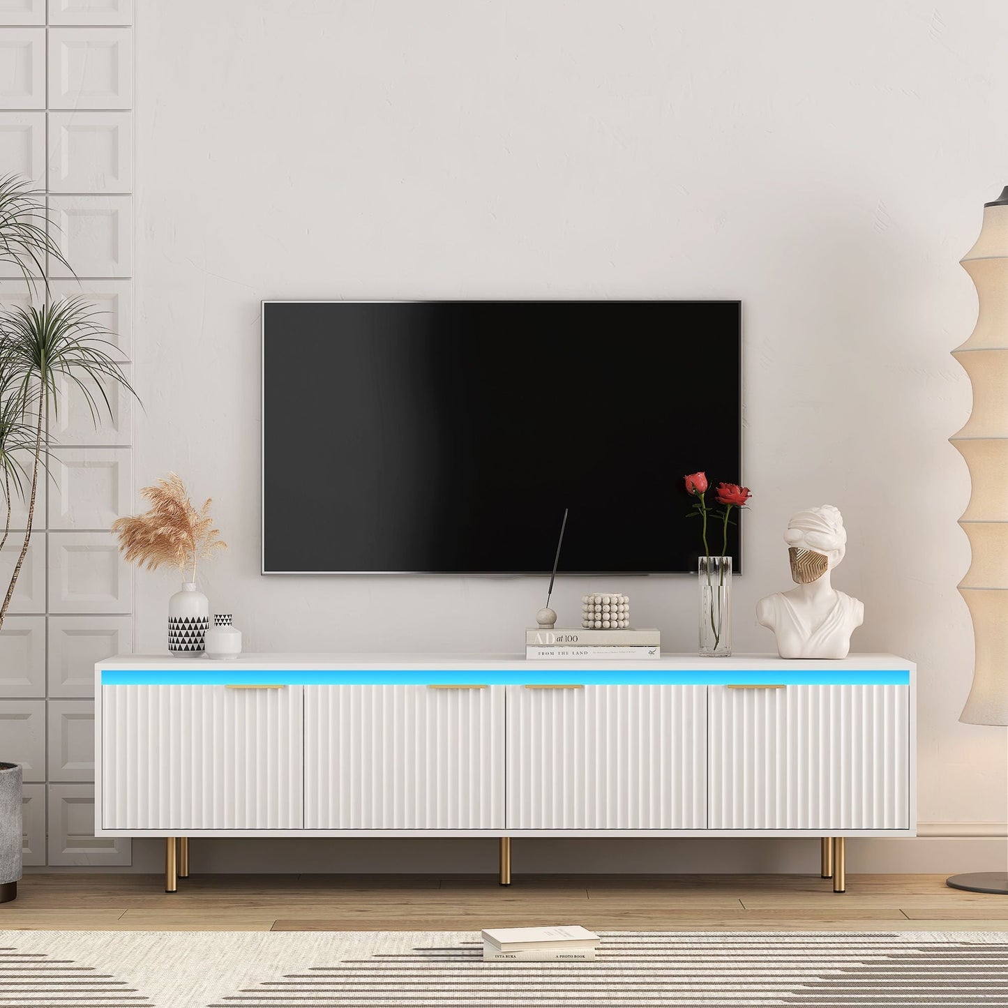 80" TV Mid-Century TV Stand, White, 60" Wide