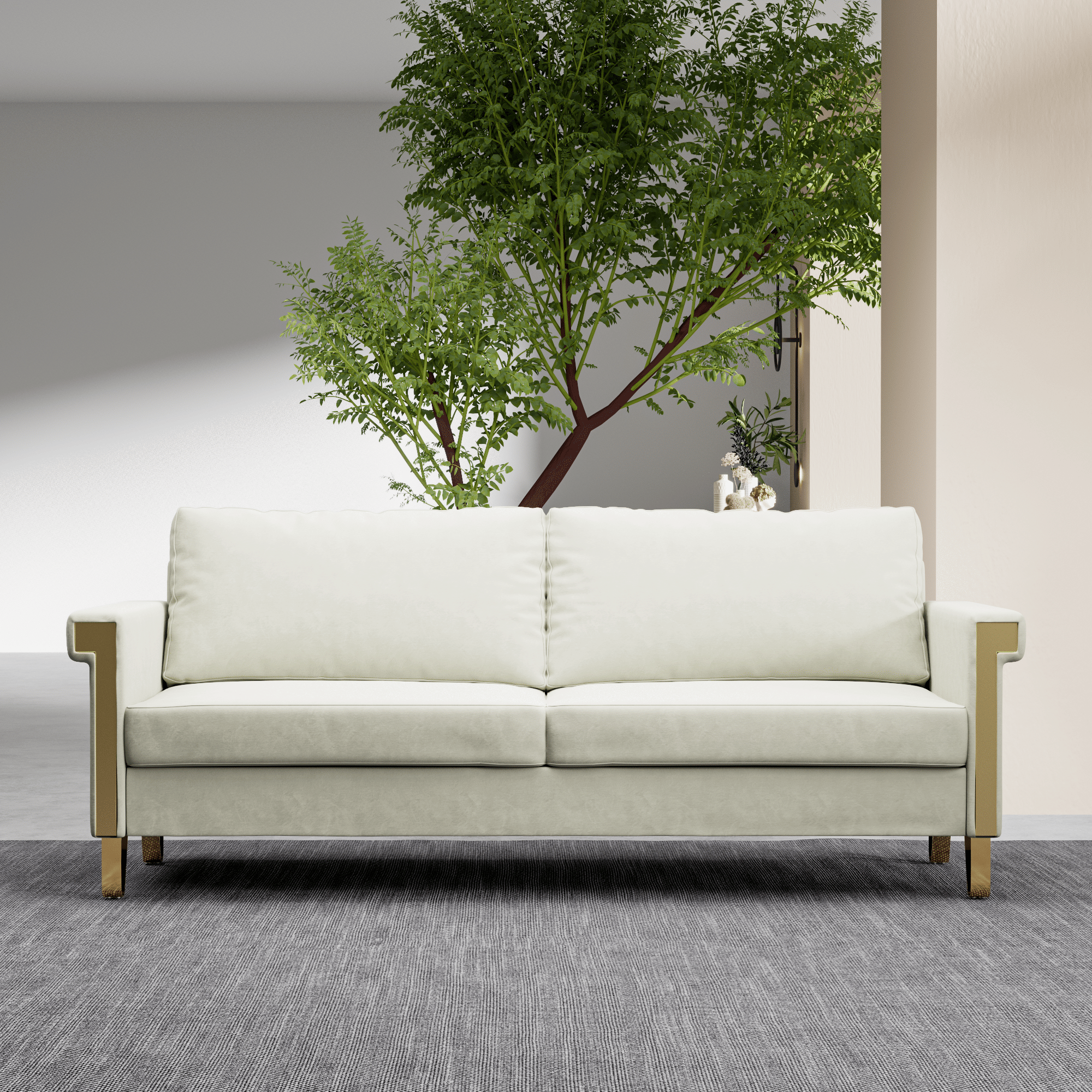 2.5 Seat Velvet Sofa Upholstery with Ideal Mid-Century Modern Living Room Furniture CREAM WHITE COUCH