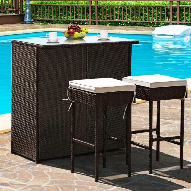 3 Pieces Patio Rattan Wicker Bar Table Stools Dining Set (view 11)