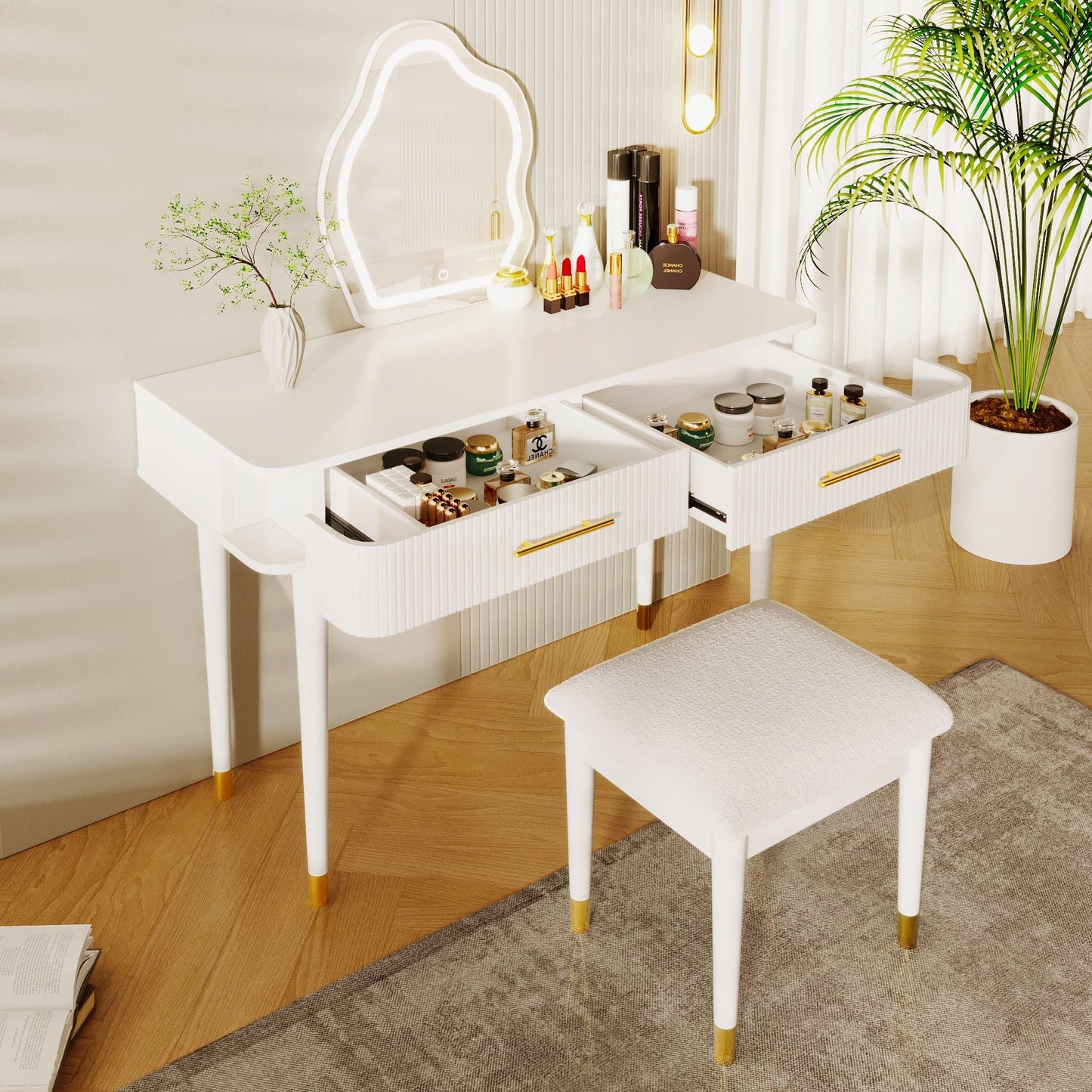 Mid-Century Vanity with LED Mirror, White, 36" Wide (view 2)
