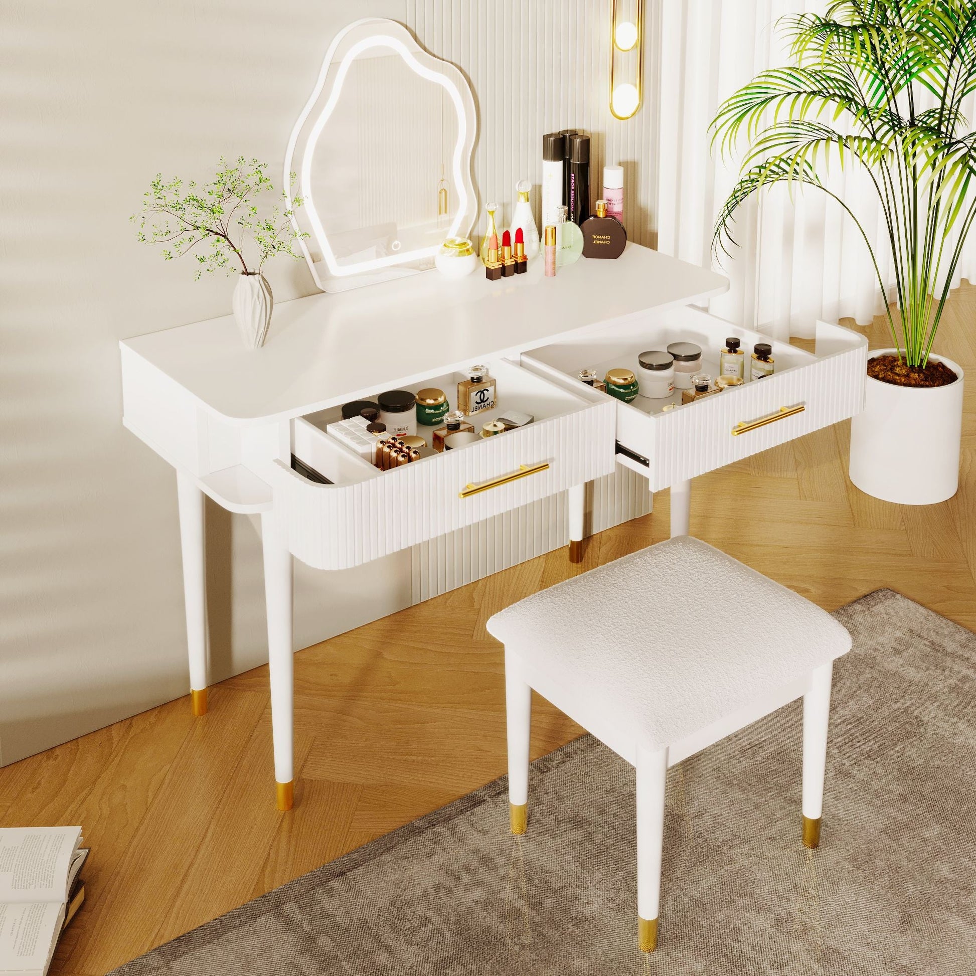 Mid-Century Vanity with LED Mirror, White, 36" Wide (view 2)