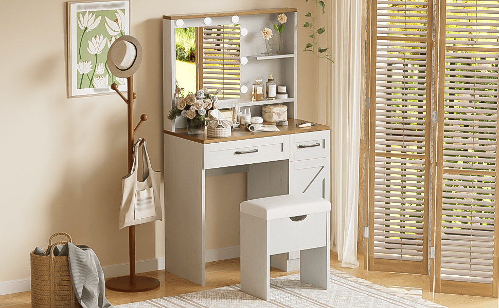 Mid-Century Vanity, Brown+White, 2 Drawers (view 4)
