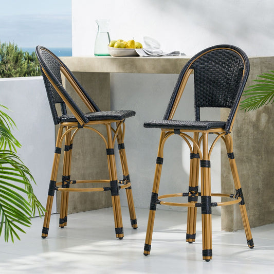 Rattan Swivel Bar Stools, Black, Set of 2, 19.75" Wide