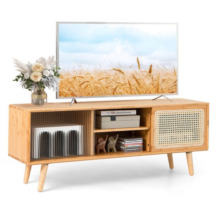 Modern TV Stand with Rattan Glass Sliding Doors (view 6)