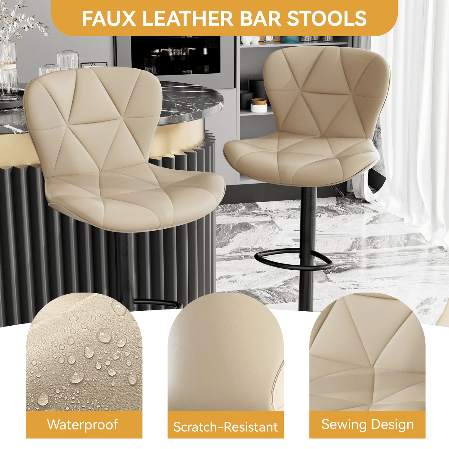 Faux Leather Swivel Bar Stools, Set of 2, Adjustable Height (view 59)