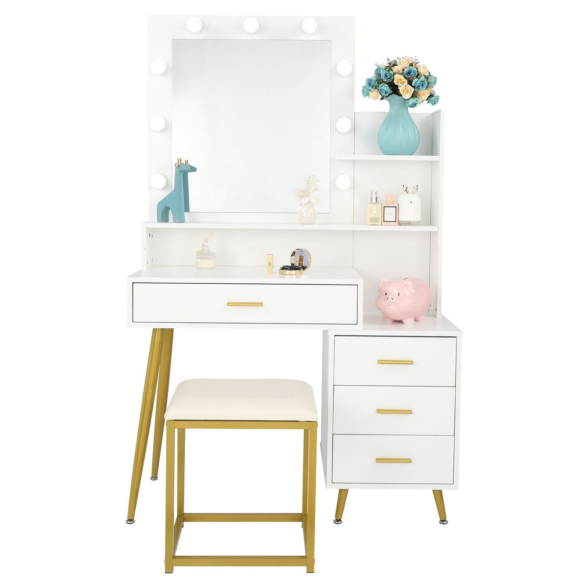 Wood & Metal Mid-Century Vanity with LED Mirror, White, 4 Drawers, with Storage — main product image