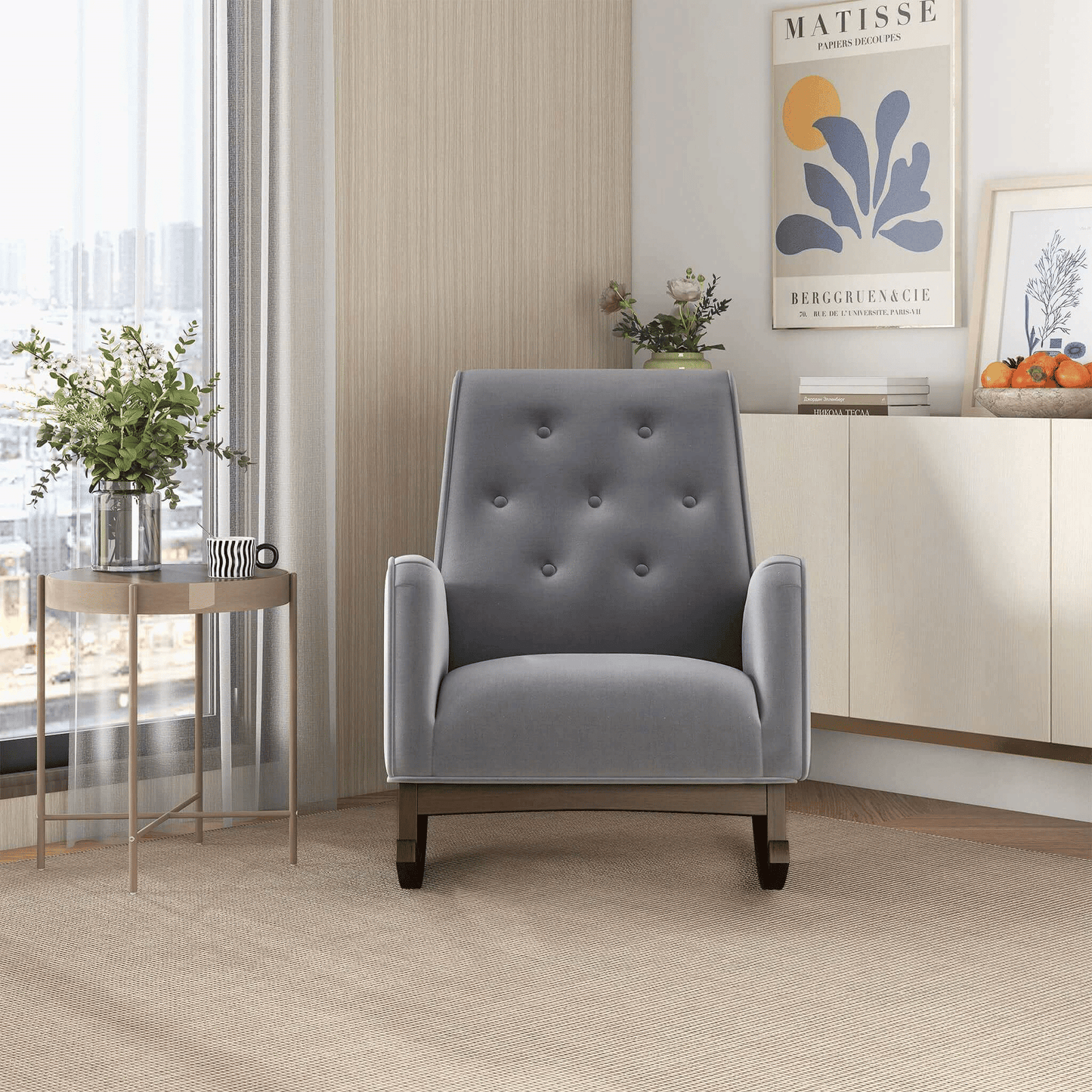 Demetrius Light Grey Fabric Solid Wood Rocking Chair (view 3)