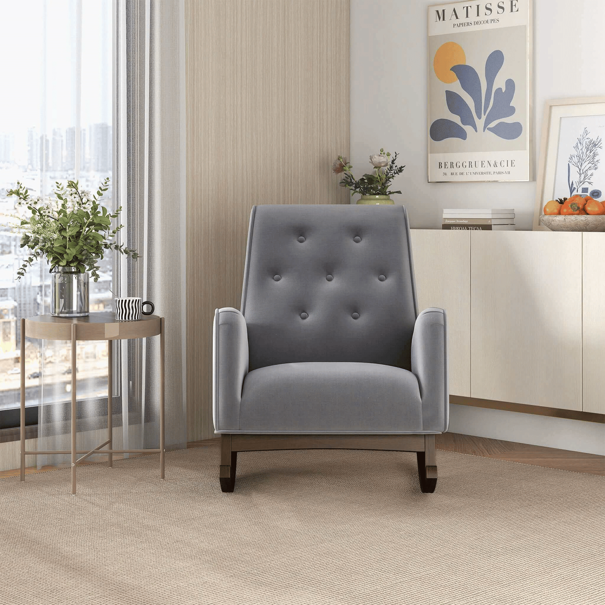 Demetrius Light Grey Fabric Solid Wood Rocking Chair (view 3)