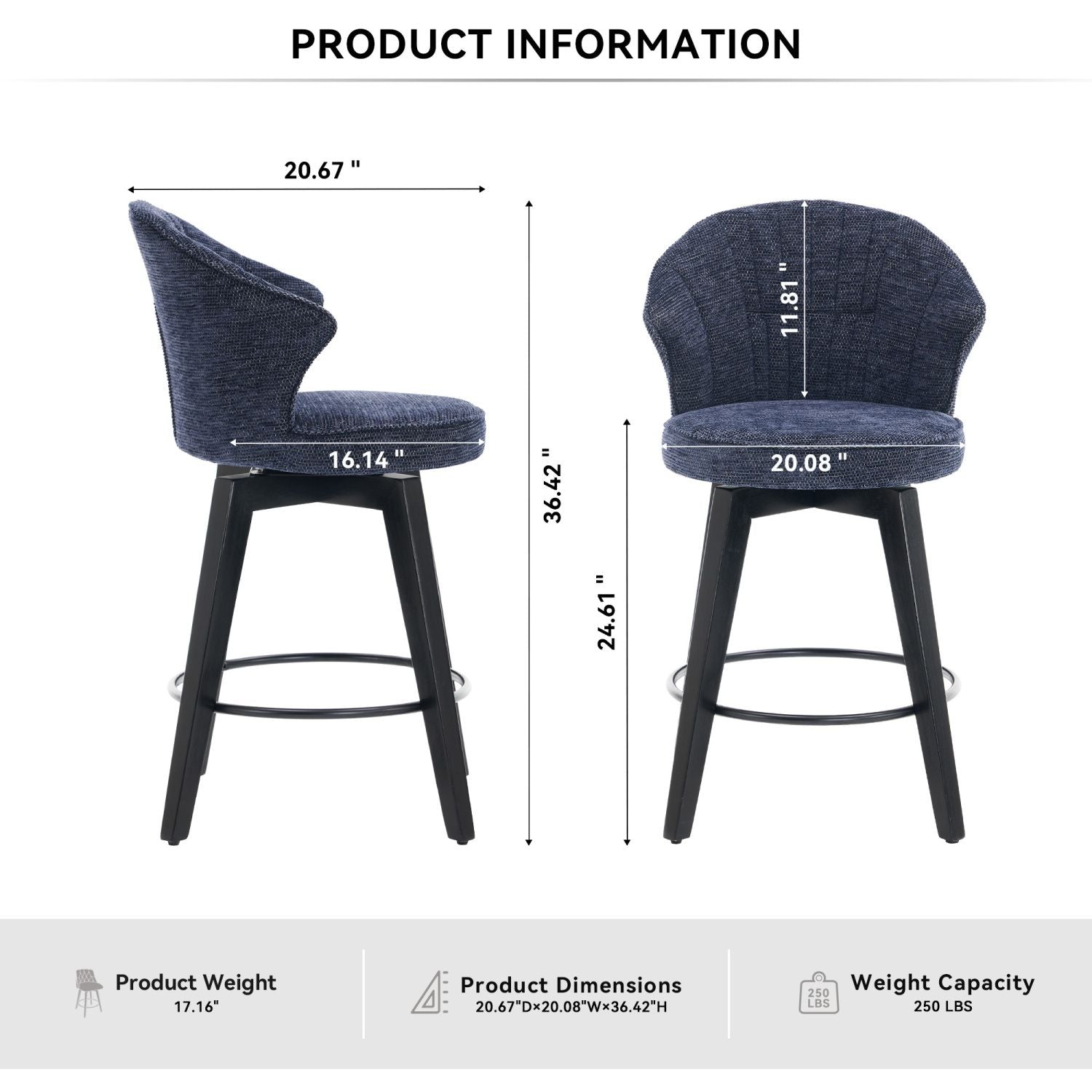 Chenille Swivel Bar Stools, Blue, Wide Backrest (view 8)