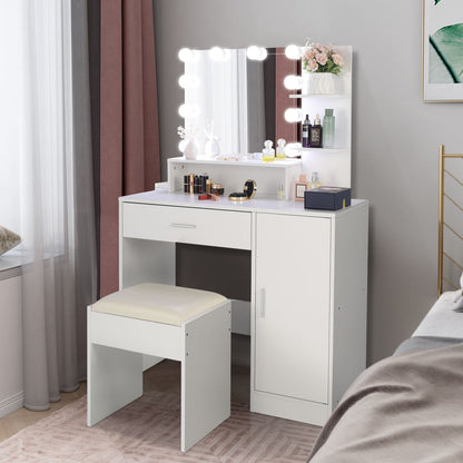 Wood & Metal Mid-Century Vanity with LED Mirror, White, 1 Drawer, with Storage (view 2)