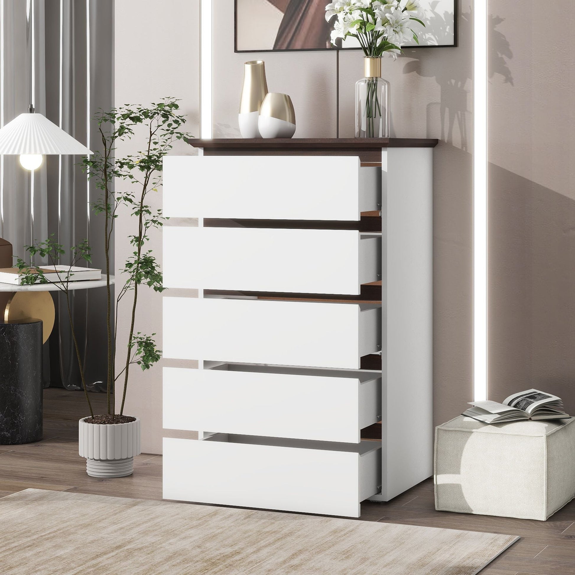 5-Drawer Mid-Century Dresser, White, Tall (view 2)