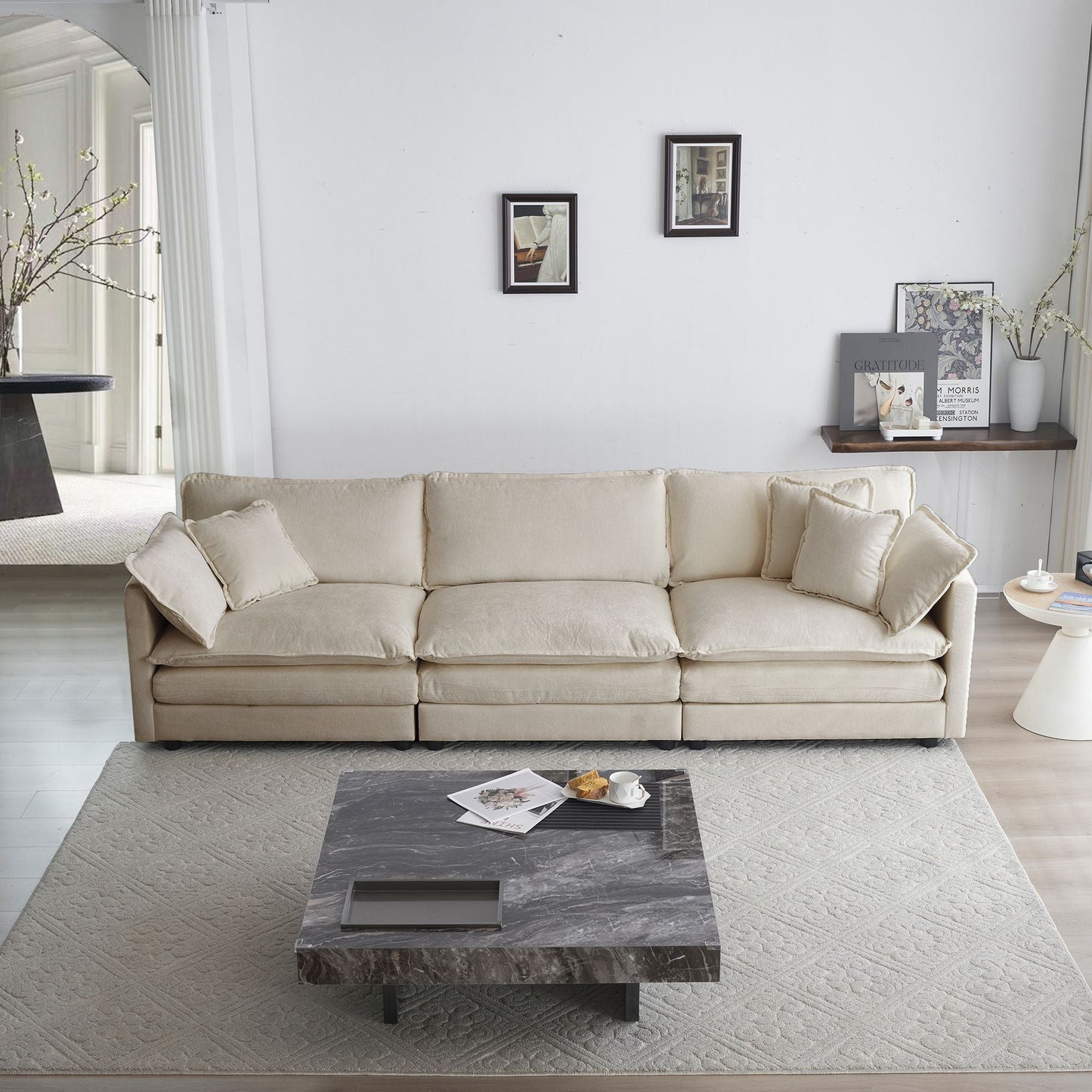 Solid Wood 3-Seat Mid-Century Sofa, Beige, 84" Wide