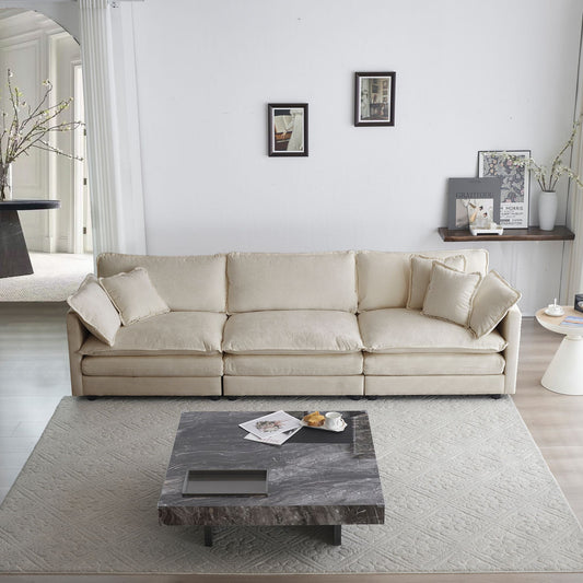 Solid Wood 3-Seat Mid-Century Sofa, Beige, 84" Wide