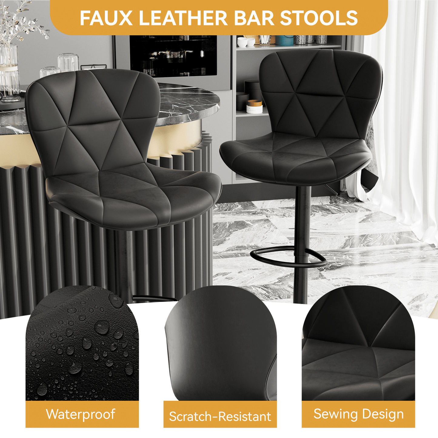 Faux Leather Swivel Bar Stools, Set of 2, Black (view 7)