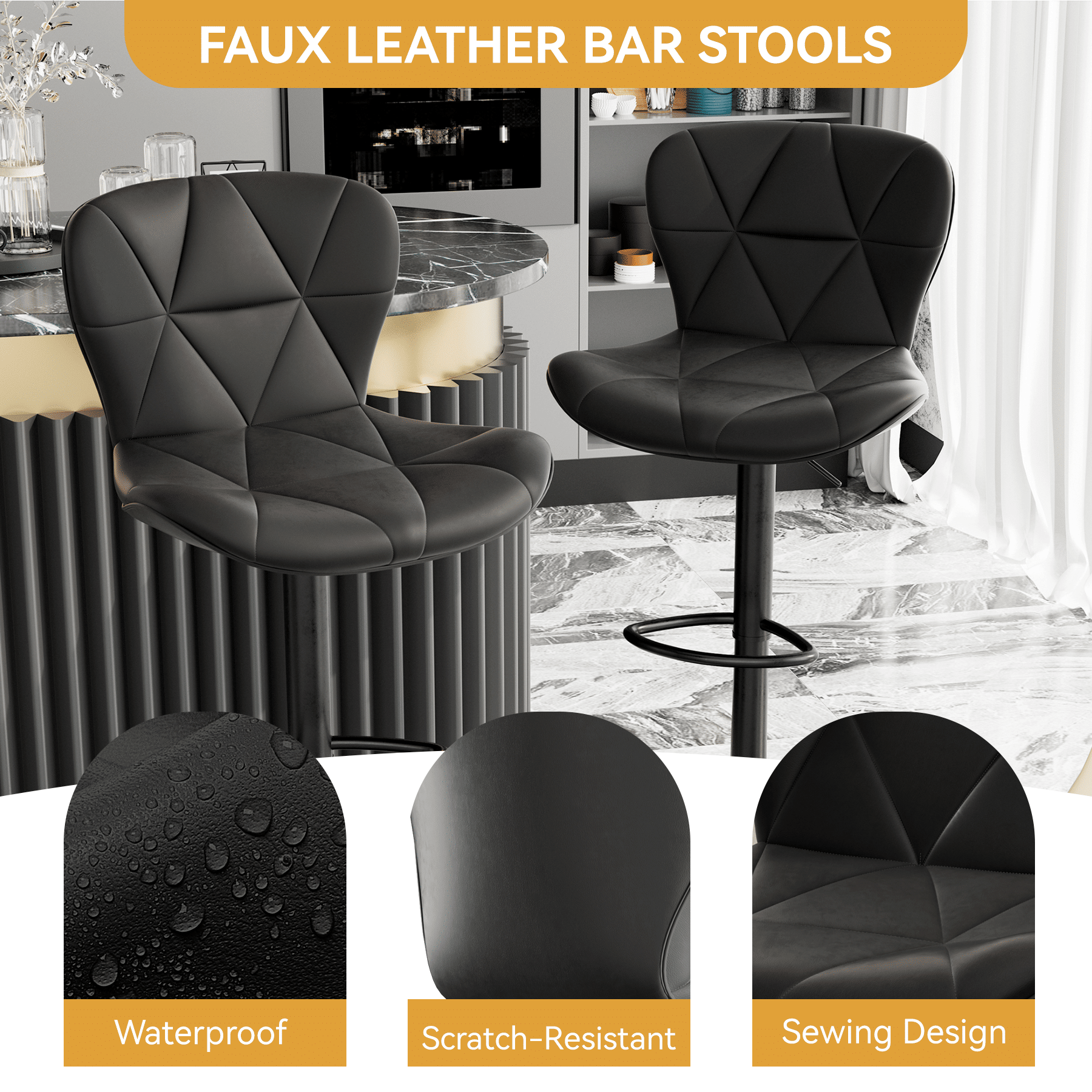 Faux Leather Swivel Bar Stools, Set of 2, Black (view 7)