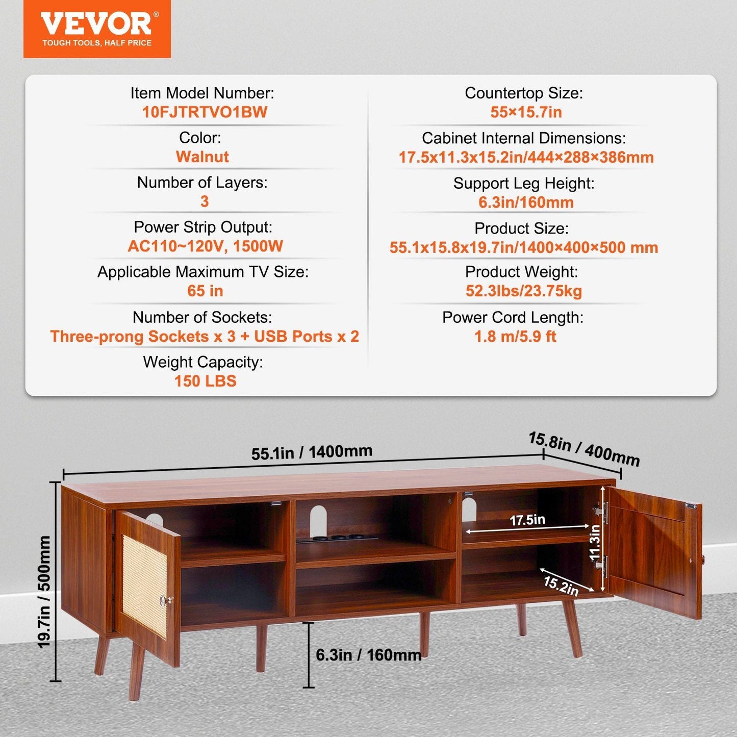 65" TV Mid-Century TV Stand, Walnut, Rattan (view 7)