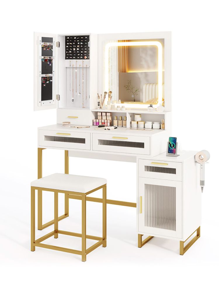 Mid-Century Vanity with LED Mirror, White, 44" Wide — main product image
