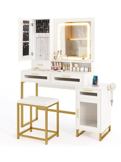 Mid-Century Vanity with LED Mirror, White, 44" Wide