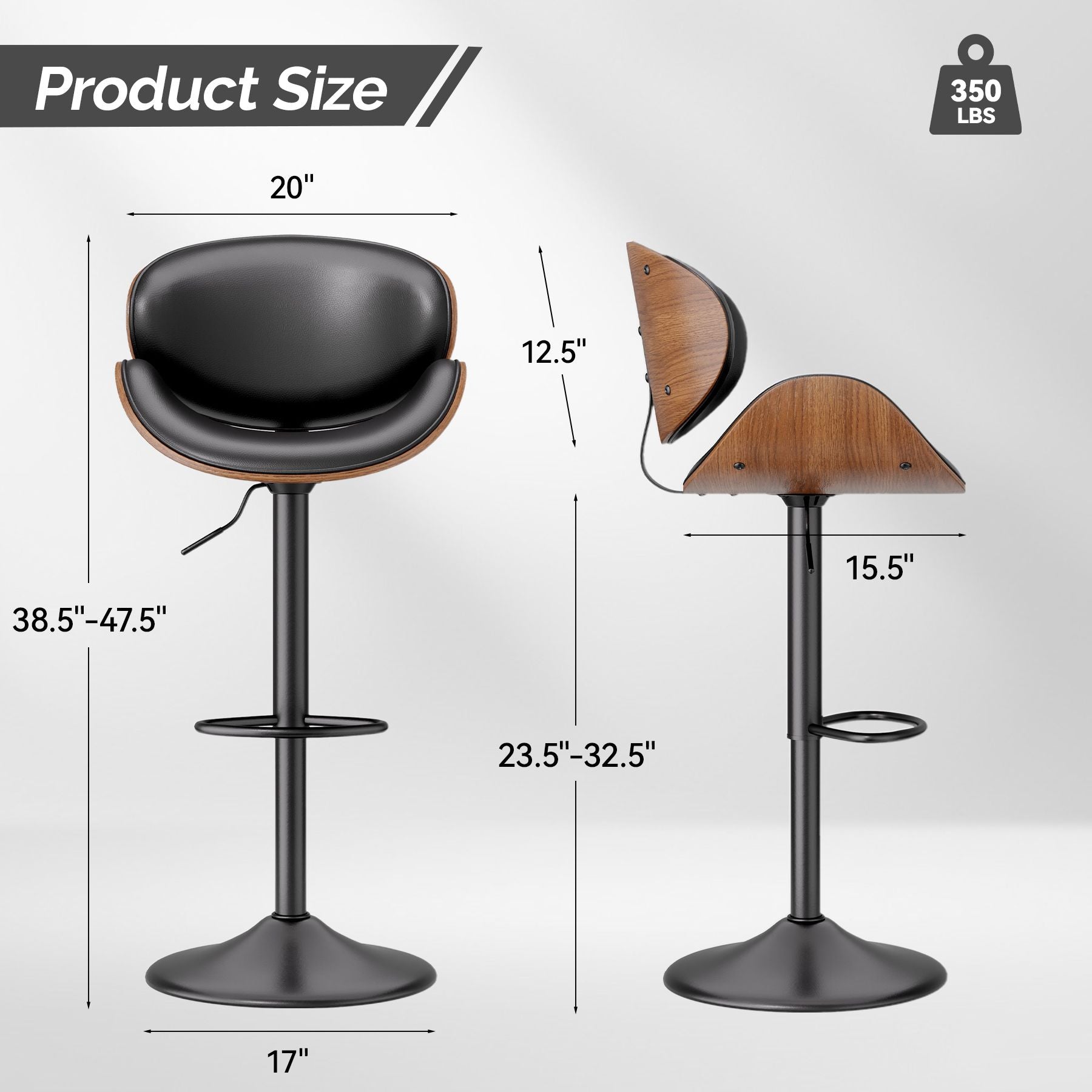 PU Leather Swivel Bar Stools, Set of 1, Black (view 3)