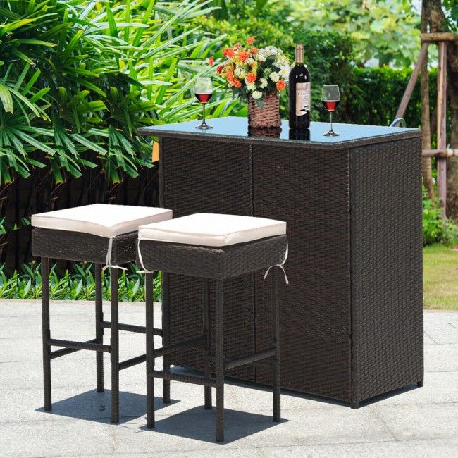 3 Pieces Patio Rattan Wicker Bar Table Stools Dining Set (view 2)