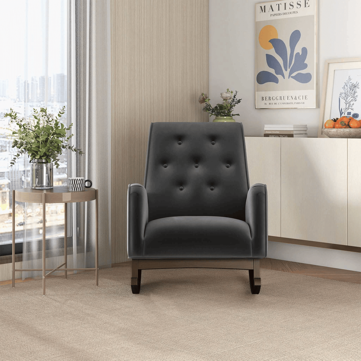 Demetrius Dark Grey Fabric Solid Wood Rocking Chair (view 3)