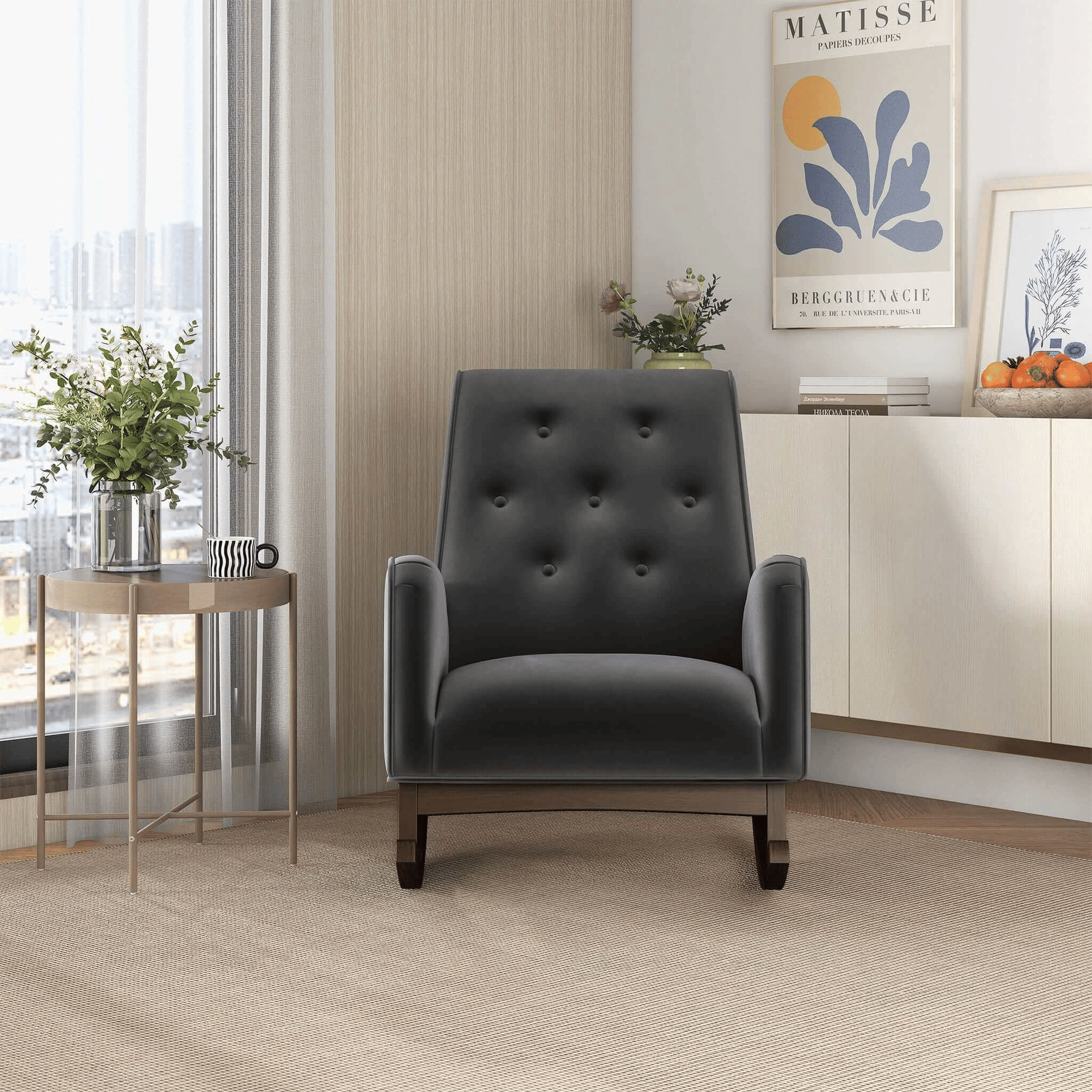 Demetrius Dark Grey Fabric Solid Wood Rocking Chair (view 3)