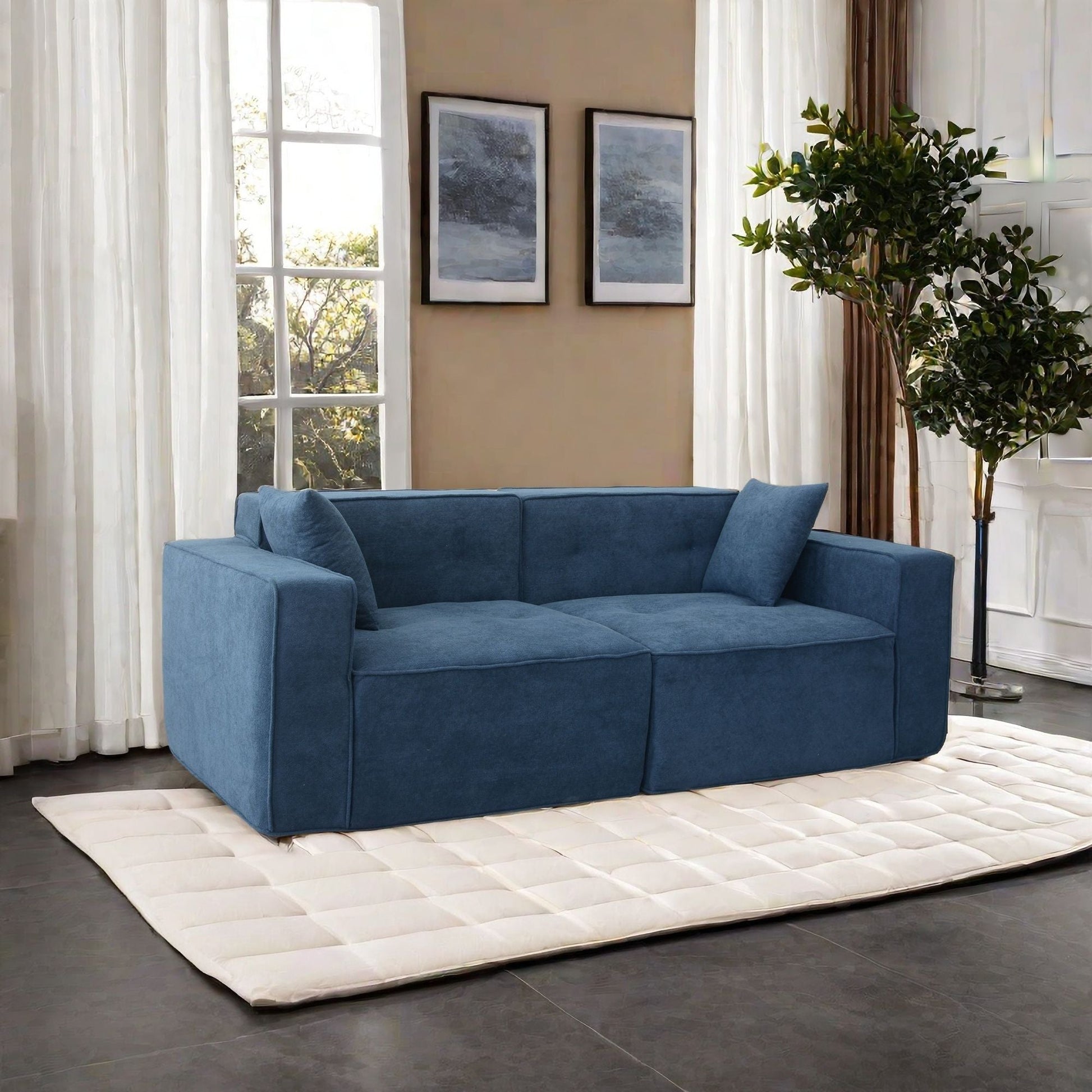 Upholstered 3-Seat Mid-Century Sofa, Dark Blue (view 2)