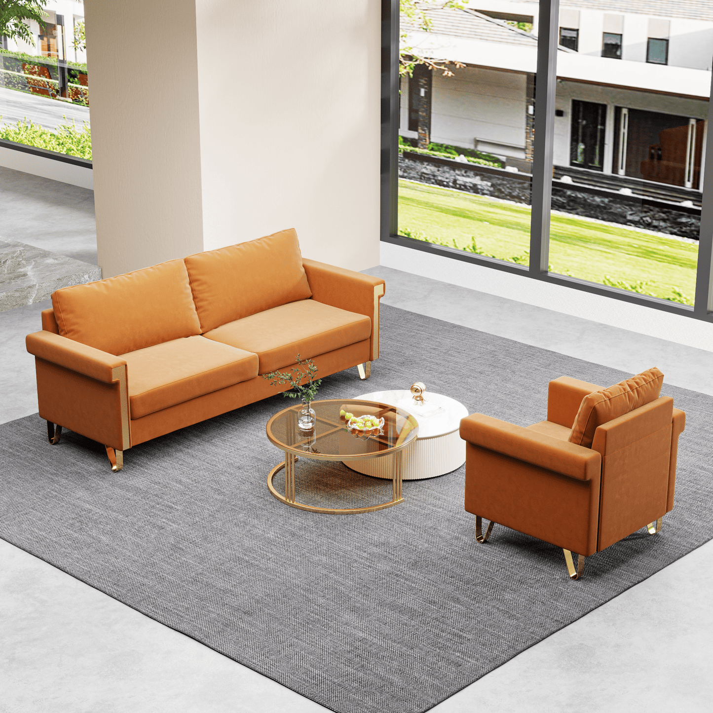 Velvet 3-Seat Mid-Century Sofa, Gold (view 4)