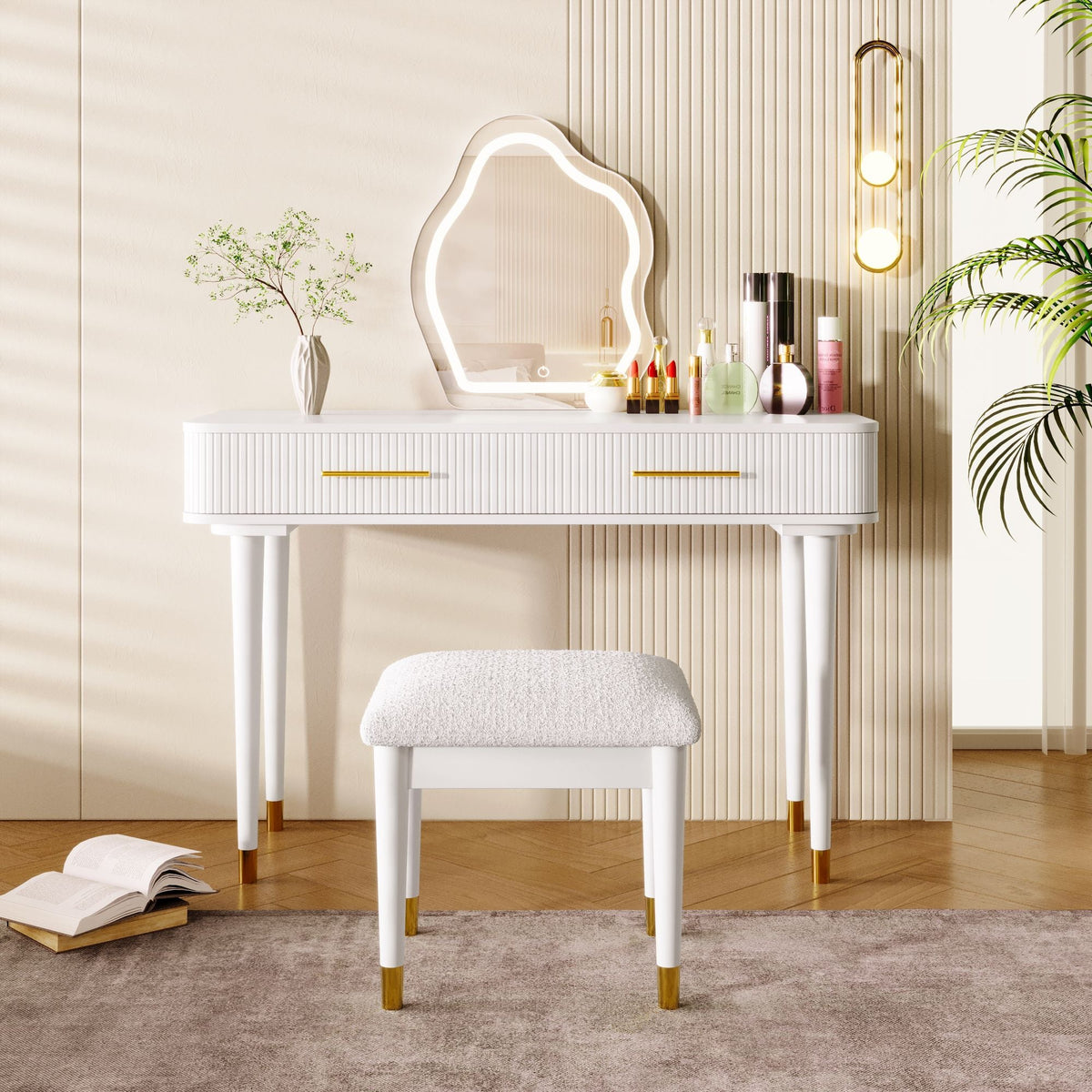 Mid-Century Vanity with LED Mirror, White, 30" Tall — main product image
