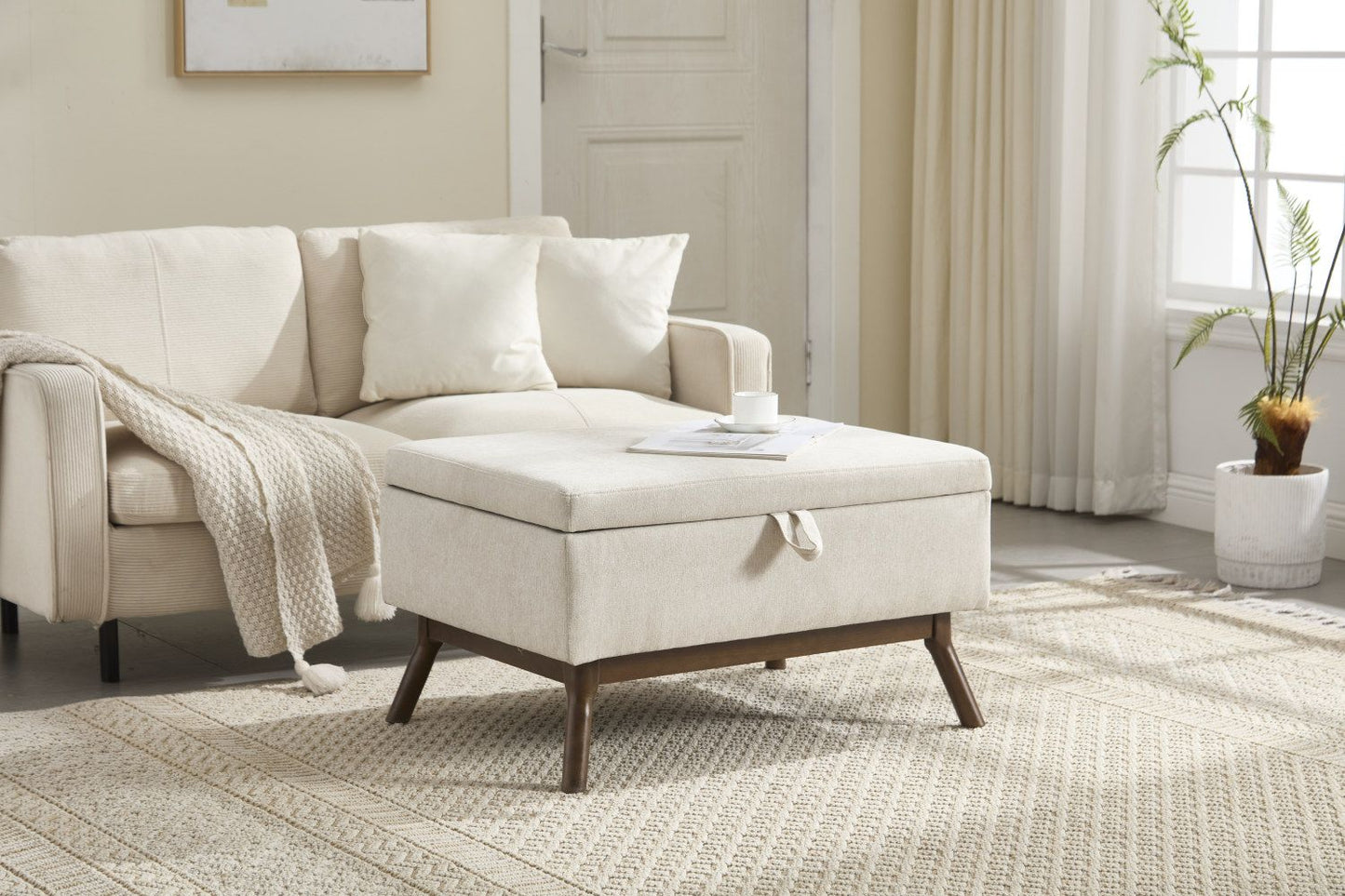 Solid Wood Mid-Century Coffee Table, Brown, with Storage (view 9)