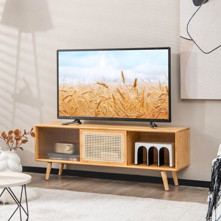 Modern TV Stand with Rattan Glass Sliding Doors (view 3)